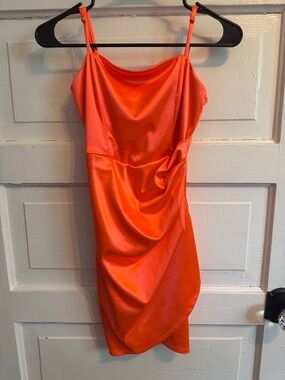 Emerald Sundae Satin Cowl Mini Dress in Bright Orange